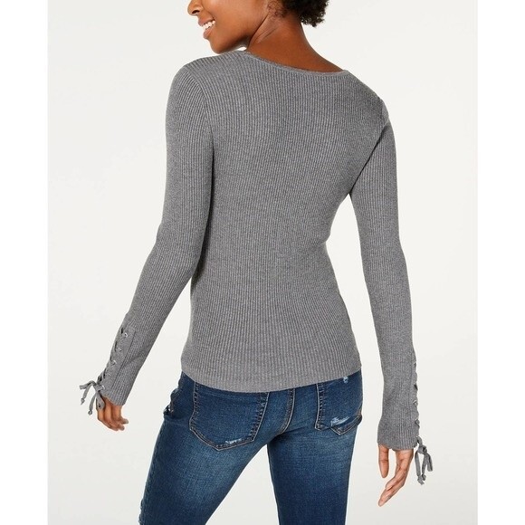 Hooked Up heather gray top women Grey laced up long sleeve rib sweater size M - Picture 8 of 8